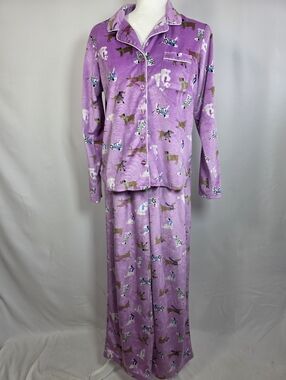 Karen Neuburger Pajama Set Purple Dog Print Fleece Button Top Pants Size S